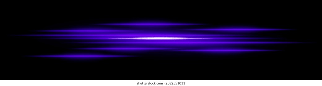 Abstract light streaks background. Glowing purple horizontal lines with motion blur effect on a dark backdrop. Futuristic speed, energy flow, laser beams, and technology concept.