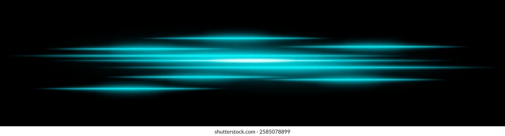 Abstract light streaks background. Glowing blue horizontal lines with motion blur effect on a dark backdrop. Futuristic speed, energy flow, laser beams, and technology concept.