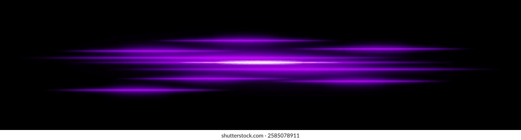 Abstract light streaks background. Glowing purple horizontal lines with motion blur effect on a dark backdrop. Futuristic speed, energy flow, laser beams, and technology concept.