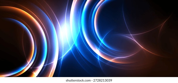 Las rayas de luz Abstractas forman patrones circulares. Los tonos azules y naranjas dominan el fondo oscuro. El resplandor brillante emana del centro. Energía dinámica visible.