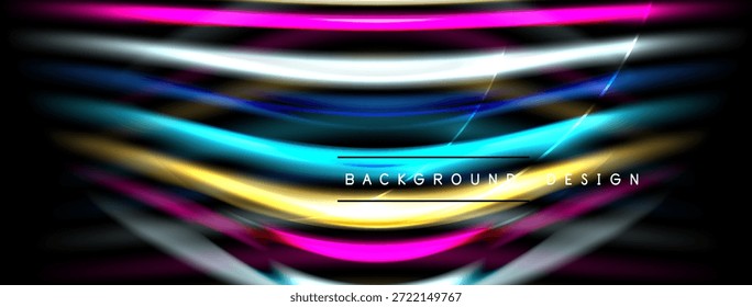 Listras de luz abstratas formam um fundo dinâmico. As cores vivas se misturam, criando um efeito visual moderno. O espaço escuro enfatiza as linhas brilhantes.