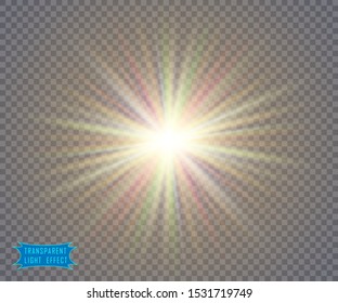Abstract light of the sun, flash of the star. Soft, transparent glow, the rays yellow, green, red. Vector design element on isolated background.