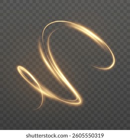 Abstract light trail in the form of a dynamic golden line on a transparent background. The energetic glow creates a sense of movement and magical energy. Vector