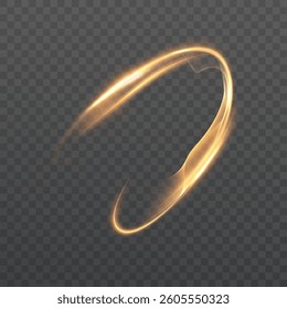 Abstract light trail in the form of a dynamic golden line on a transparent background. The energetic glow creates a sense of movement and magical energy. Vector
