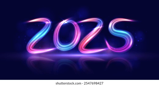 Abstract light trail number 2025. Digital concept for 2025 new year celebration. Futuristic pattern for banner or poster design. Vector EPS10.