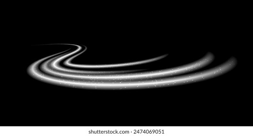 Abstract light white lines of high speed motion with sparkles. Glowing curve, speed line. Abstract movement. Dynamic traces.