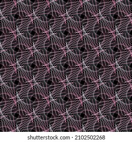 Abstraktes hellweißes und rosa Spirograph verdrehtes Wireframe-ethnisches Muster auf schwarzem Hintergrund. Vektorgrafik. Schleifpapier.