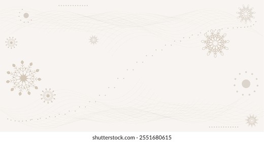 Abstract light winter background with copy space. Golden snowflakes, thin threads, circles in chaotic order. Vector horizontal pattern. An atmosphere of winter calm in neutral shades.