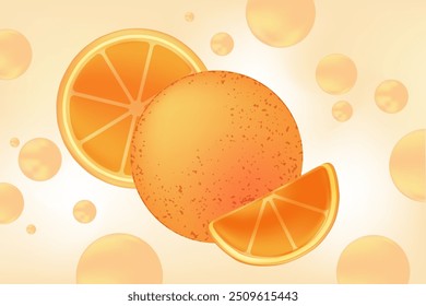 Abstract light yellow gradient background with orange fruit, orange glowing soda bubbles. Fresh citrus fruit vector decoration for menu, presentation, poster