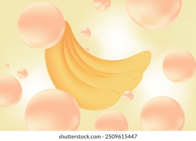 Abstract light yellow gradient background with bananas, orange glowing soda bubbles. Fresh exotic fruit vector decoration for menu, presentation, poster