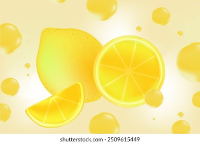 Fundo de gradiente amarelo claro abstrato com frutos de limão, bolhas de refrigerante amarelo brilhante. Decoração vetorial de citrinos frescos para cardápio, apresentação, cartaz