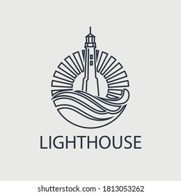 abstract lighthouse line icon with ocean waves and seagulls isolated on white background