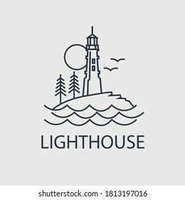 abstract lighthouse line icon with ocean waves and seagulls isolated on white background