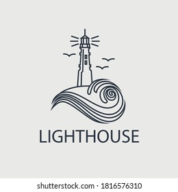 ícone de linha de farol abstrato com ondas oceânicas e gaivotas isoladas no fundo branco