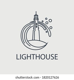 abstract lighthouse line icon with ocean waves and seagulls isolated on white background