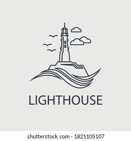 abstract lighthouse line icon with ocean waves and seagulls isolated on white background