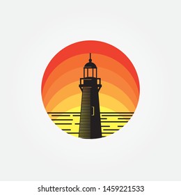 Abstract lighthouse sea view with sunset vector logo