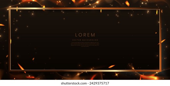 Abstract lighting effect dot neon gold light sparkle on dark brown background. Luxury greeting card frame. Vector illustration