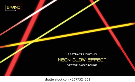 Fundo de vetor de efeito de brilho de néon de iluminação abstrato. A interseção de feixes de laser vermelhos e amarelos cria um design impressionante. Listras brilhantes iluminam o espaço preto.