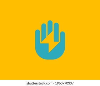 Abstract lightning bolt in the hand palm logo design. Universal minimalistic electrical, charge, flash vector sign symbol logotype.