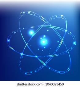 Abstract lightning  neon atom on blue background outlined