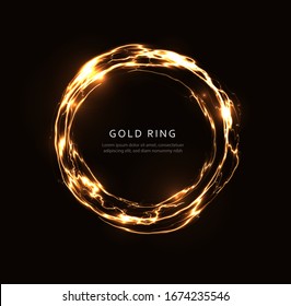 Abstract lightning ring with golden shine, glowing fantasy disc, gold magic circle, energy ball, round rotating frame template for flyer, banner and poster, isolated graphic vector illustration