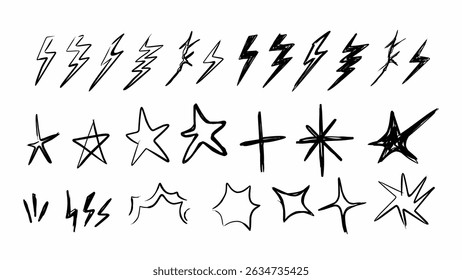 Abstracte bliksem, ster en explosie, handgetekende doodle set perfect voor tattoo, rock en grunge ontwerpprojecten