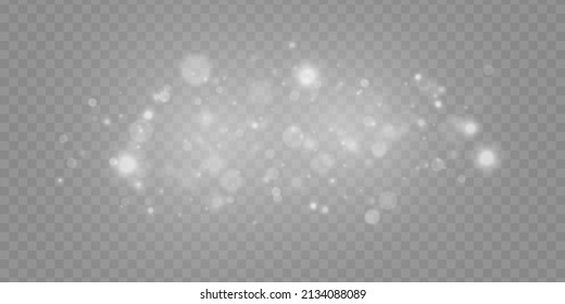 Abstract lights blur bokeh effect. Lens flare light sparkles or shiny glittering glow stars for design. Blurred star light sparkles on transparent background. Defocused Xmas white sparks dust. Vector.