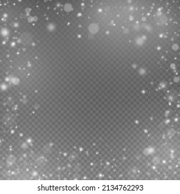 Las luces abstractas oscurecen el efecto bokeh. La luz de la lente brilla o brillan brillantemente brillantes estrellas para el diseño. La luz borrosa de las estrellas brilla sobre un fondo transparente. El blanco de Navidad desenfocado desata el polvo. Vector.