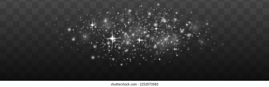 Las luces abstractas oscurecen el efecto bokeh. La luz de la lente brilla o brillan brillantemente brillantes estrellas brillantes para el diseño. Una estrella borrosa brilla sobre un fondo transparente. El blanco de Navidad desenfocado desata el polvo. Vector.