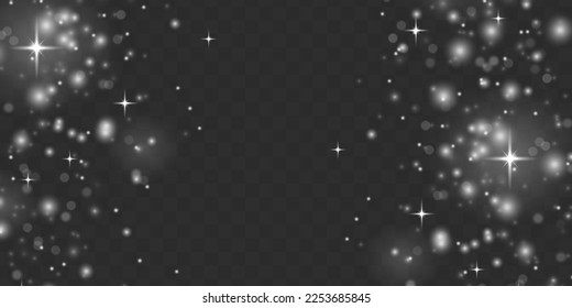 Las luces abstractas oscurecen el efecto bokeh. La luz de la lente brilla o brillan brillantemente brillantes estrellas brillantes para el diseño. Una estrella borrosa brilla sobre un fondo transparente. El blanco de Navidad desenfocado desata el polvo. Vector.