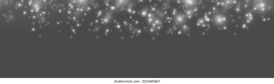 Abstract lights blur bokeh effect. Lens flare light sparkles or shiny glittering glowing stars for design. Blurred star sparkles on transparent background. Defocused Xmas white sparks dust. Vector.
