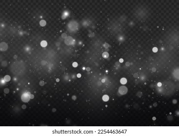 Las luces abstractas oscurecen el efecto bokeh. La luz de la lente brilla o brillan brillantemente brillantes estrellas brillantes para el diseño. Una estrella borrosa brilla sobre un fondo transparente. El blanco de Navidad desenfocado desata el polvo. Vector.