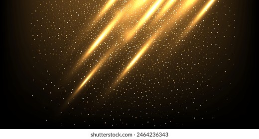 Luces Abstractas con Vector de brillo dorado ilustración realista. Proyectores de oro brillante con rayos sobre fondo oscuro. Destellos y destellos brillantes.