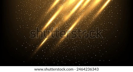 Abstract lights with golden glitter vector realistic illustration. Shiny gold spotlights with rays on dark background. Bright flashes and sparkles.