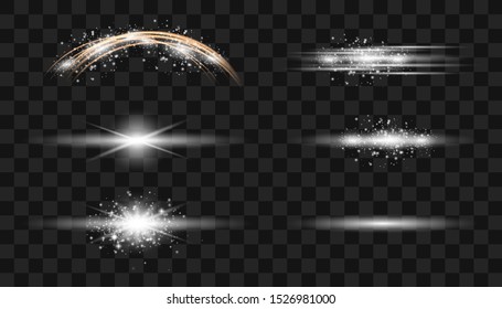 Luces abstractas aisladas en un fondo transparente. Líneas brillantes. Desenfoque del vector a la luz de la radiación. Elemento de decoración. Rayos horizontales de luz. El oro brillante resplandece y resplandece. 