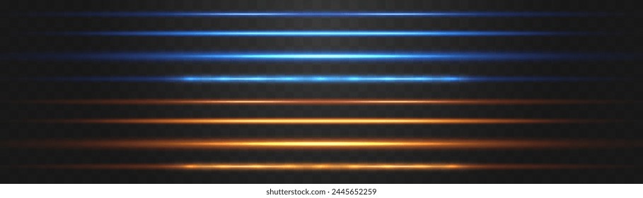 Abstract lights lines on png. Vector laser beams. Glowing streaks on dark background. Luminous neon lines isolated on trasparent backgound.