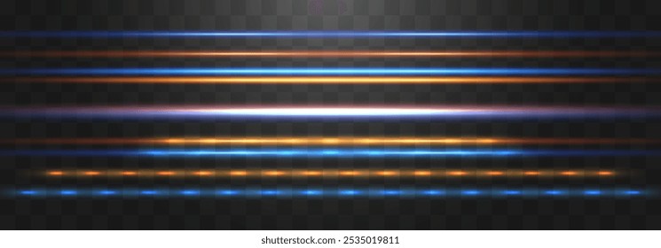 Abstract lights lines on png. Vector laser beams. Glowing streaks on dark background. Luminous neon lines isolated on trasparent backgound.