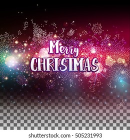 Abstract lights transparent background with Merry christmas text greetings. Abstract vector illustration with many lights and dots. Modern decoration for holidays design.