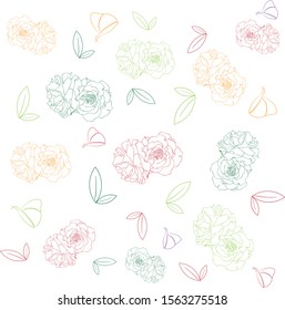 Abstract lightweight colorful pattern of flowers and leaves and butterflies. Floral line art pattern illustration vector on transparent background.
