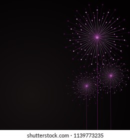 Abstract lilac dandelion from lines and dots on a black background. Vector illustration.