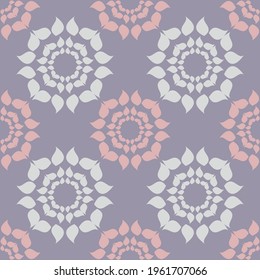 Abstract lilac and pink vector, symmetrical repeat pattern arranged in rows withe decorative geometric shapes