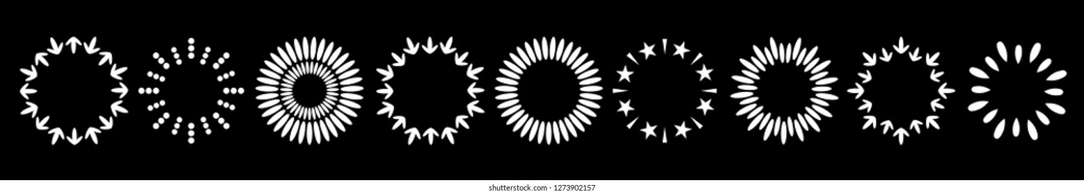 Abstract line arrow dotted star round frame set. Round wheat wreaths shape. Flat design. Decoration element. Isolated. Black background. Vector illustration
