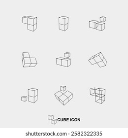 abstract line art 3D cube geometric minimalism pattern design icon set collection