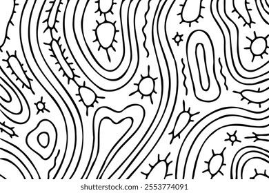 Abstract line art background pattern design. Irregular hand drawn linear backdrop with black thin contours.