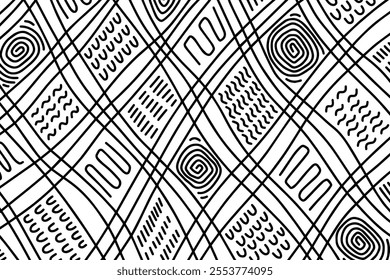 Abstract line art background pattern design. Irregular hand drawn linear backdrop with black thin contours.