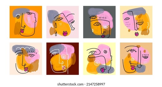 Resumen de fondo de arte de línea, afiches de arte de pared con diferentes ilustraciones portadoras humanas. Diseño moderno contemporáneo, formas de doodle.