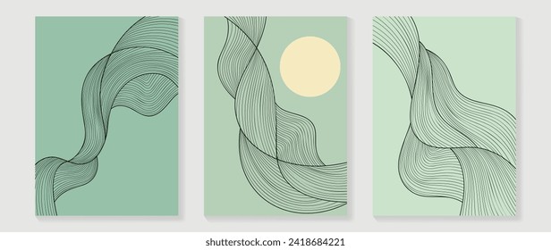 Abstract line art background vector. Minimalist modern contour drawing with wavy, moon on green color. Contemporary art design illustration for wallpaper, wall decor, card, poster, cover, print.