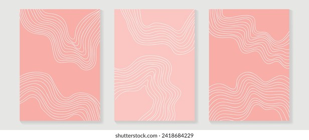Abstract line art background vector. Minimalist modern contour drawing with wavy, curve on pink color. Contemporary art design illustration for wallpaper, wall decor, card, poster, cover, print.