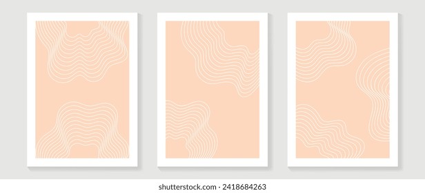 Abstract line art background vector. Minimalist modern contour drawing with wavy, curve on beige color. Contemporary art design illustration for wallpaper, wall decor, card, poster, cover, print.
